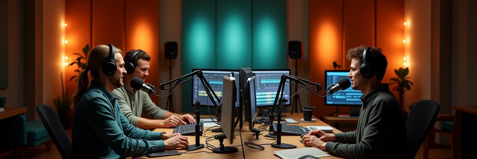 Lydstudio med mikrofoner, miksere og kreative folk i arbeid