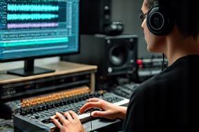 Bilde av tekniker som redigerer lyd på datamaskin i studio