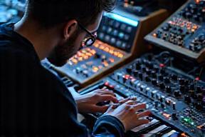 Bilde av lydtekniker som lager sound design med synth og effekter