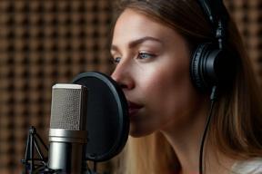 Bilde av voice-over artist i lydstudio foran mikrofon